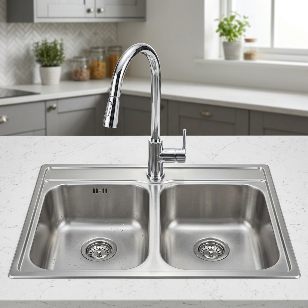 Stainless Steel Double Bowl Kitchen Sink & Faucet